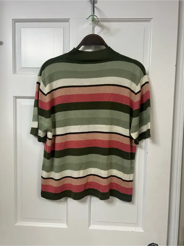 Striped Turtleneck Sweater in Olive, Coral & Cream - Image 2