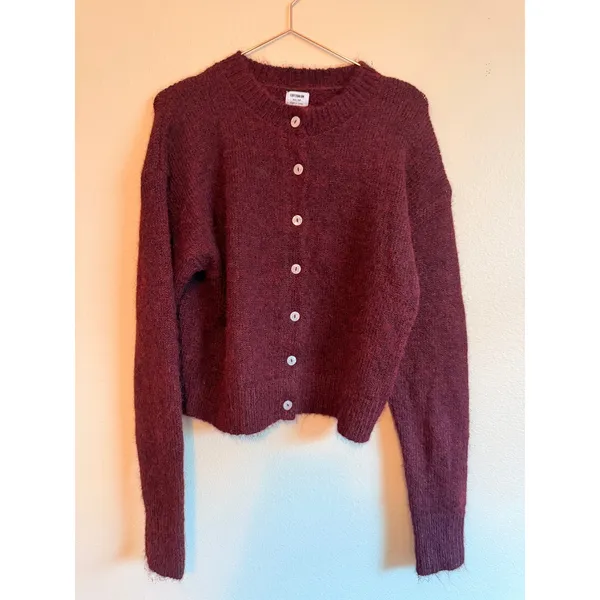 Cotton On Women Cardigan XS Burgundy Wool Blend Fuzzy Knit Button Front Sweater - Image 2