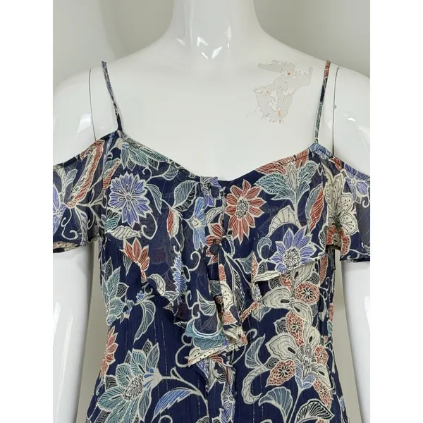 Maeve Anthropologie Womens Size 2 Blue Floral Off Shoulder Ruffle Blouse Top - Image 5