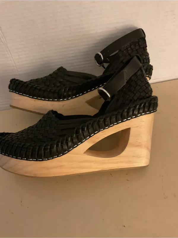 Free People women Black leather Woven Ankle-Strap Platform Wedges sandals US 8 - Image 11