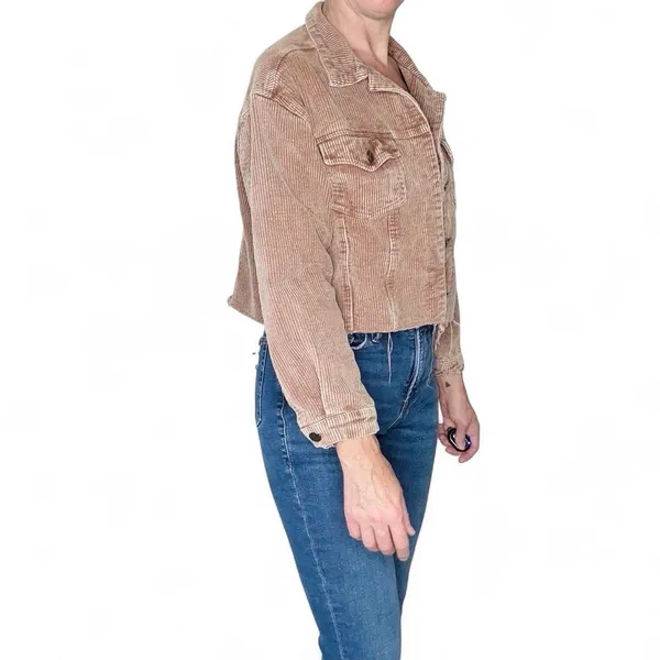 She + Sky Brown Beige Corduroy Cropped Casual Jacket - Image 4