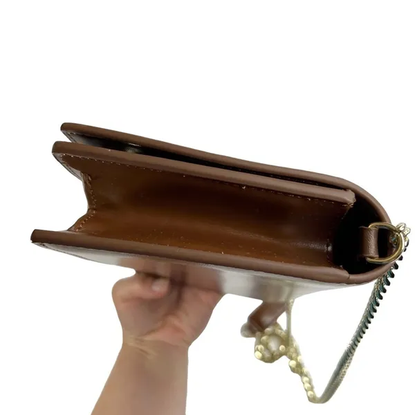 Faux Leather Brown Structured Gold Tone Horseshoe Chain Purse Bag - Image 4