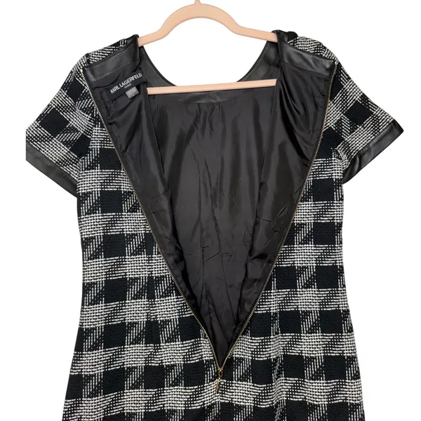 Karl Lagerfeld Paris Houndstooth Sheath Dress Faux Leather‎ Trim Black White 6 - Image 13