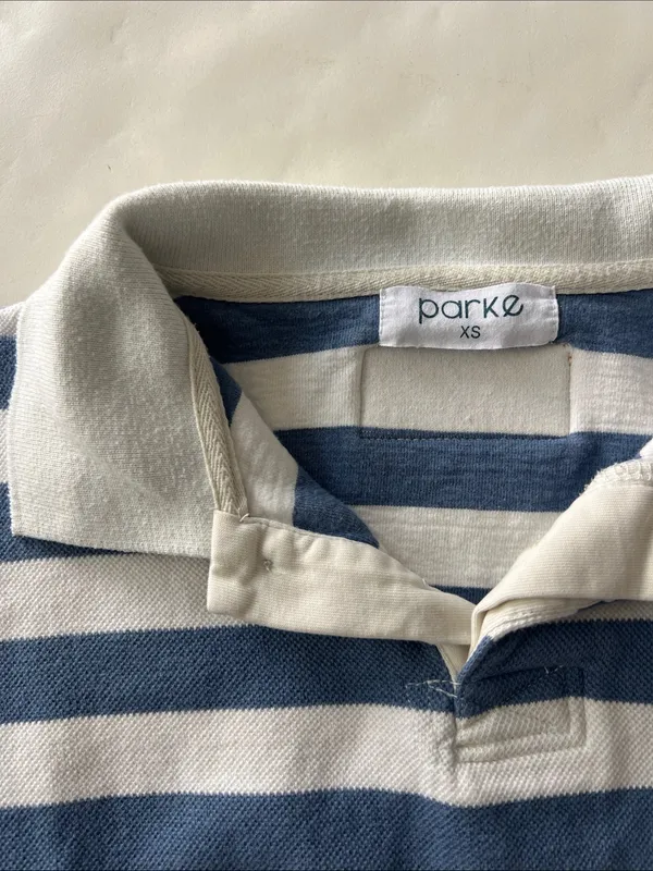Parke Striped Rugby Shirt Blue White Long Sleeve Sweater Polo Top XS - Image 5