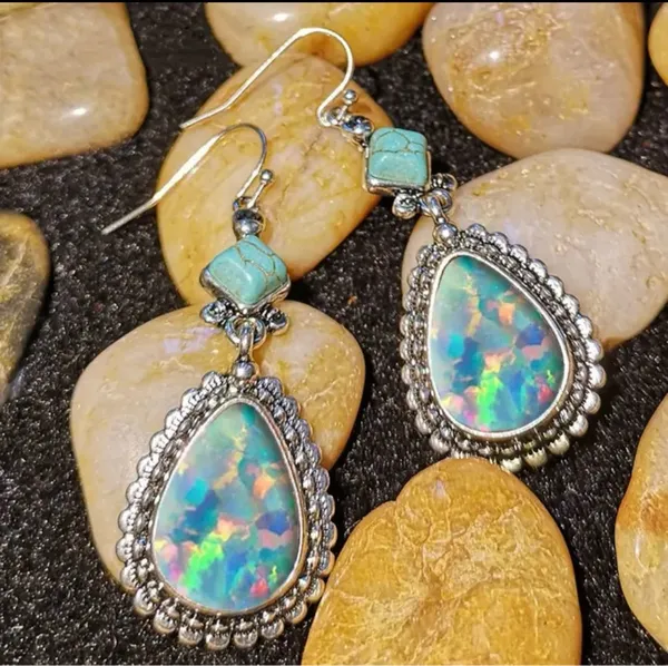 Vintage Iridescent and Turquoise Bohemian Style Dangle Earrings - Image 4