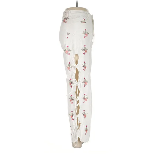 Zac & Zoe Paris White Floral Embroidered Wide Leg Lace Up Pants M 38 Boho Y2K - Image 4