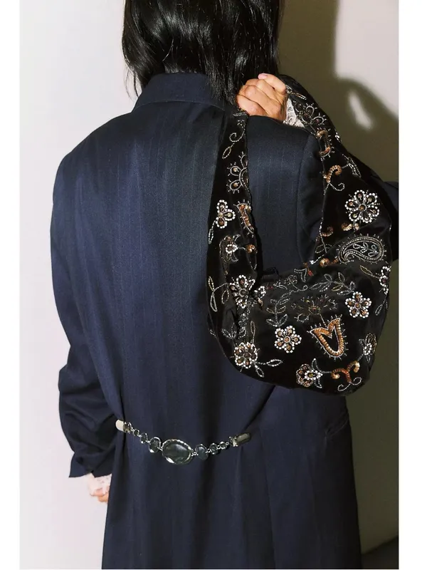 Free People Bohemian Witchy Nashville Nights Beaded Velvet Bag Black NWT Evening - Image 5