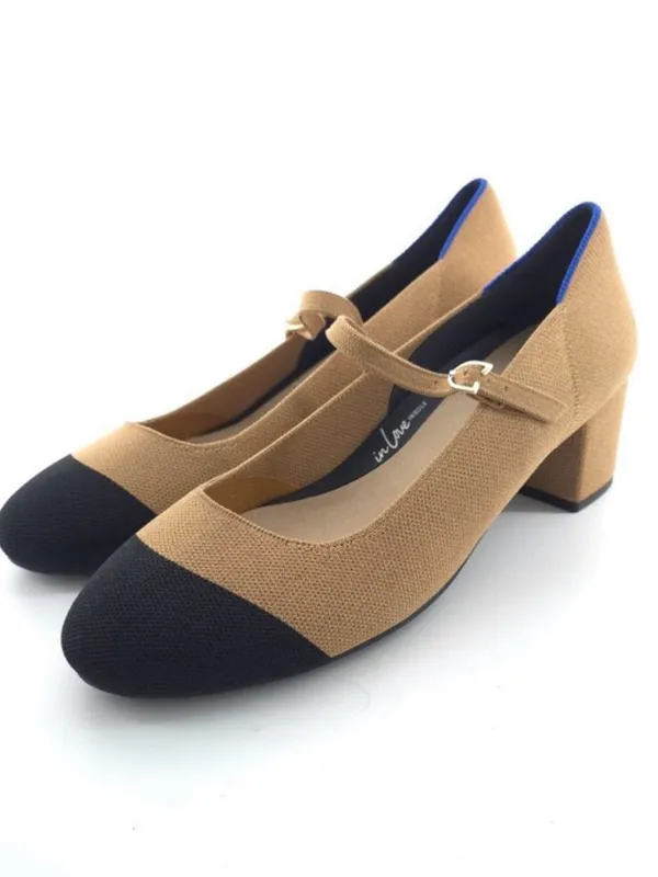 Rothy’s Camel Tan Mary Jane Block Heel Pumps with Black Cap Toe Sz 7.5 - Image 3
