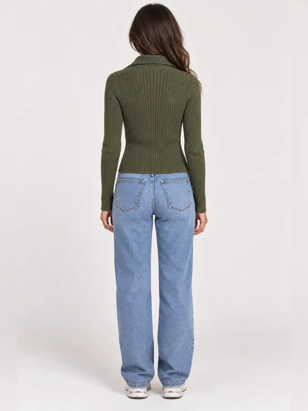 Vintage 90s St. John's Bay Ribbed Quarter Zip Sweater – Olive Green – L - Image 3