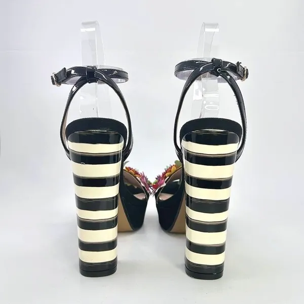 Betsey Johnson Carra Platform Heels Size 9 Black Floral Striped Cocktail Sandals - Image 9