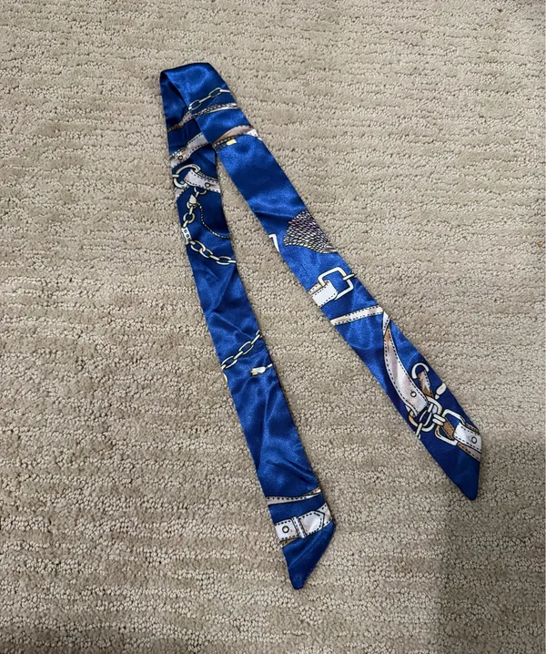 Blue Satin Silk Twilly Scarf With Chain and Belt Print Hair Ribbon Bag Accessory - Image 2