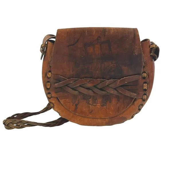 Vintage Boho Coastal Cowgirl Leather Hand Tooled Saddle Bag With Braided Strap - Image 3