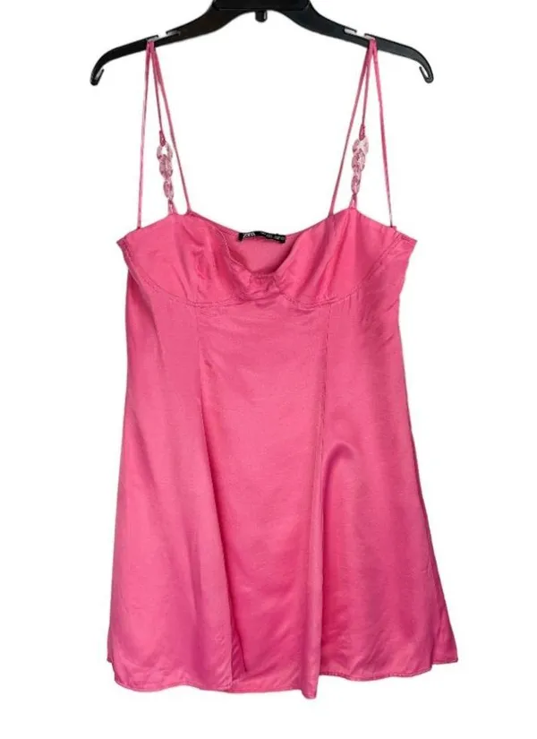 NEW ZARA Pink Satin Corsetry Mini Babydoll Dress Sz Large Chain Strap - Image 3