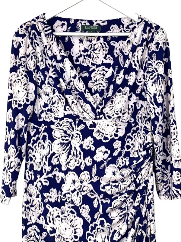 Lauren Ralph Lauren Blue White Floral Print Faux Wrap Dress Size 14 women’s - Image 2