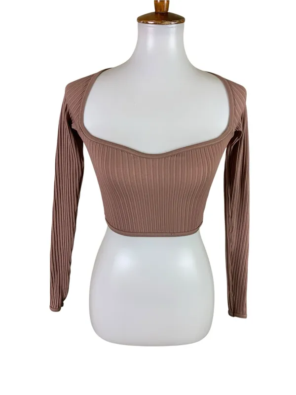 Out From Under Urban Outfitters Brown Ribbed Long Sleeve Crop Top XS S Y2K - Image 3