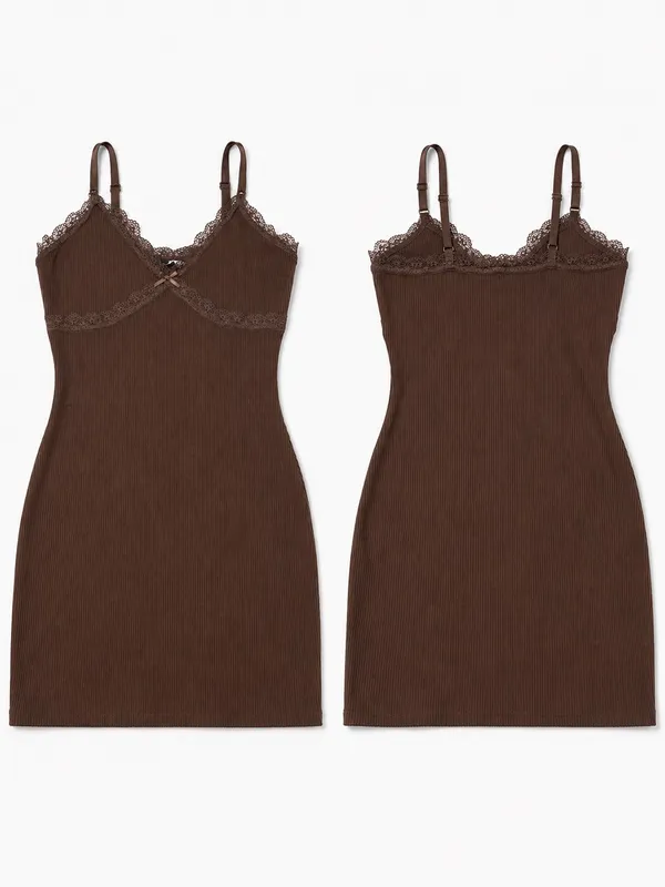 H&M Brown Lace Trim Ribbed Mini Dress - Image 2