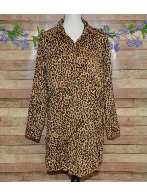 Lauren Ralph Lauren Leopard Print Night Sleep Shirt Size M Pajama 100% Cotton - Image 2