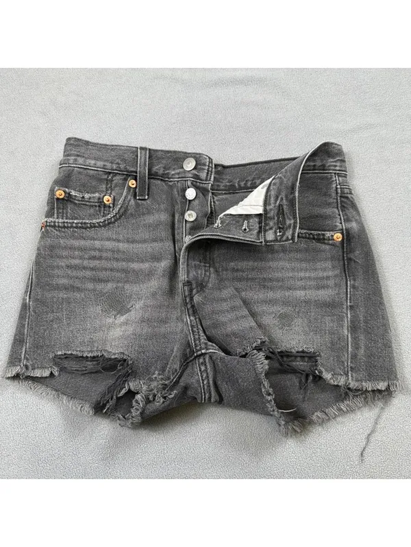 Levis 501 Original Black Cut Off Denim Jean Shorts Womens 24 High Rise Raw Hem - Image 5