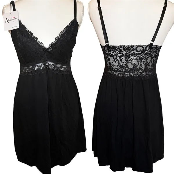 Ababoon Black Lace V-Neck Chemise Slip Dress NWT Medium - Image 2