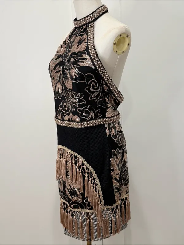 12th Tribe Like Gold Dust Fringe Mini Dress Large Black Sequin Festival Western - Image 9