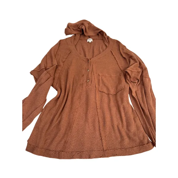 BKE Womens Oversized Thermal Henley Hoodie Rust‎ Brown Waffle Knit L - Image 2