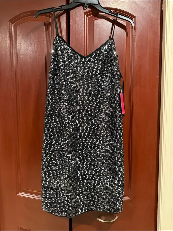Vince Camuto Black Sequin Mini Slip Dress with Silver Accents - Image 3