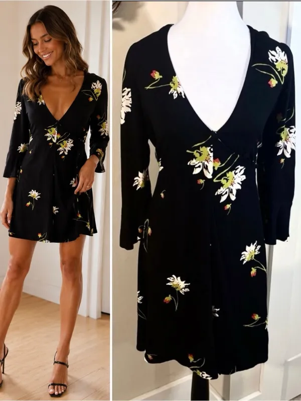 Free People Time On My Side Floral Wrap Mini Dress Black 3/4 Sleeve Sz M💚 - Image 2