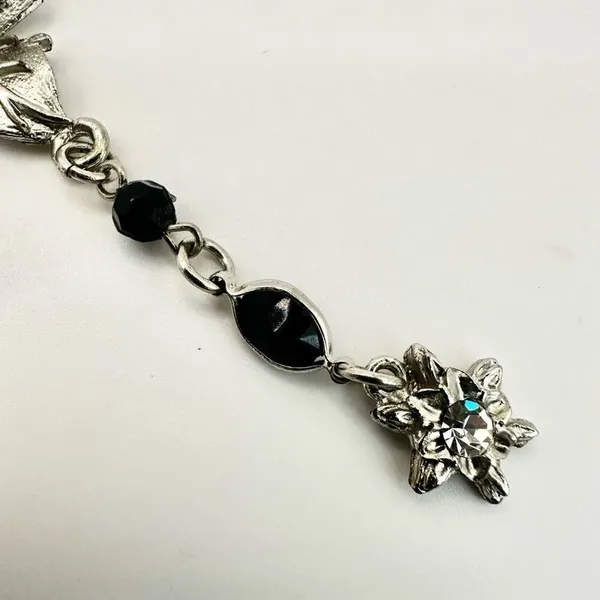 silver tone and black floral rhinestone pendant necklace - Image 5