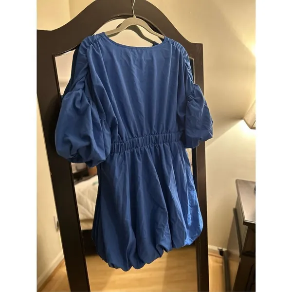 NEW Deep V Neck Puff Sleeve High Rise Flare Dress Elastic Waist L - Image 2