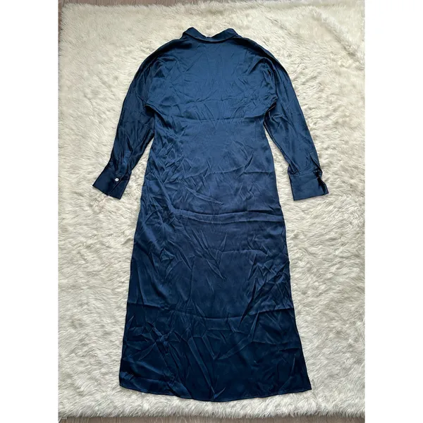 Dress Satin Button-Front Midi Classic Indigo 8 NWT New - Image 7