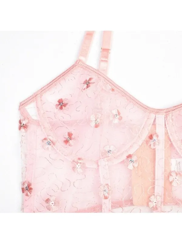 Floral Embroidered Lace Underwire Bralette M Pink Sheer Lingerie Bra Sequin - Image 2