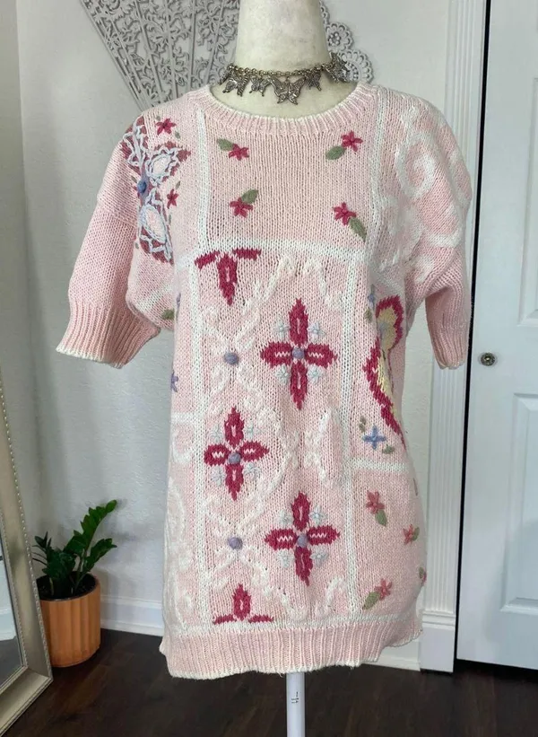 Vintage Light Blush Pink Boho Coquette Knitted Knit Shortsleeve Sweater Top M - Image 6