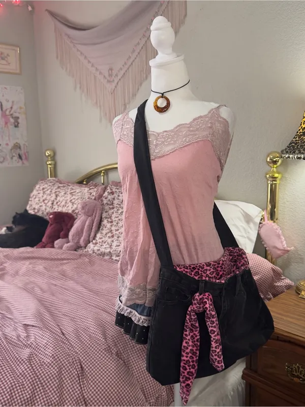 Handmade Black Canvas Crossbody Bag with Pink Leopard Accent - Women's Crossbody - Image 3