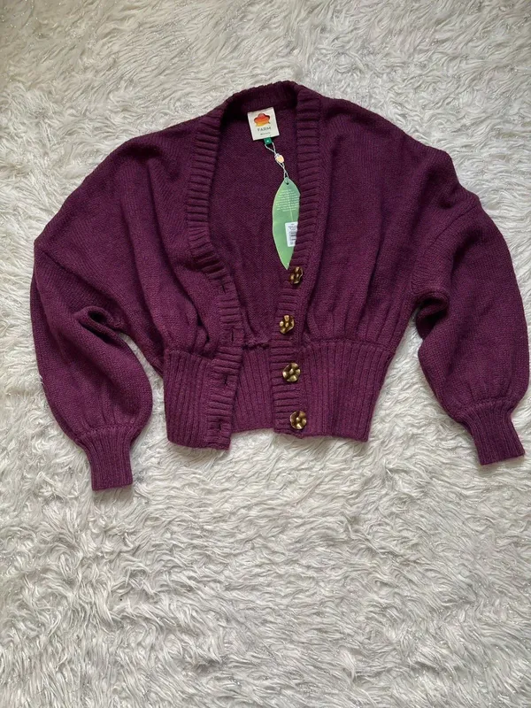 FARM Rio Burgundy Rib-Knit Button Front V-Neck Balloon Sleeve Women’s Cardigan M - Image 11