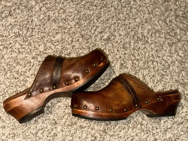Frye Brown Distressed Leather Studded Clogs with Ring Strap - Image 11