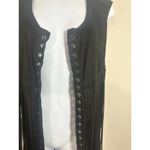 Mark Black Faux Suede Long Fringe Vest Grommet Lace Up XL XXL - Image 2