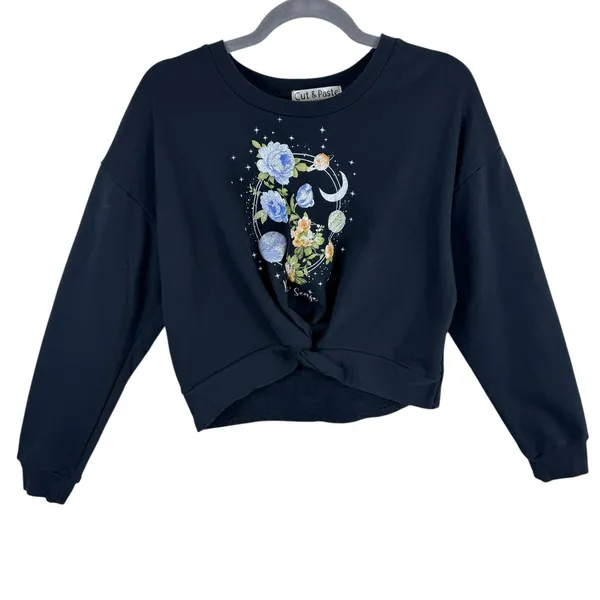 Cut & Paste Black‎ Floral Astrology Planets Cropped Pullover Sweatshirt Medium Black - Image 2