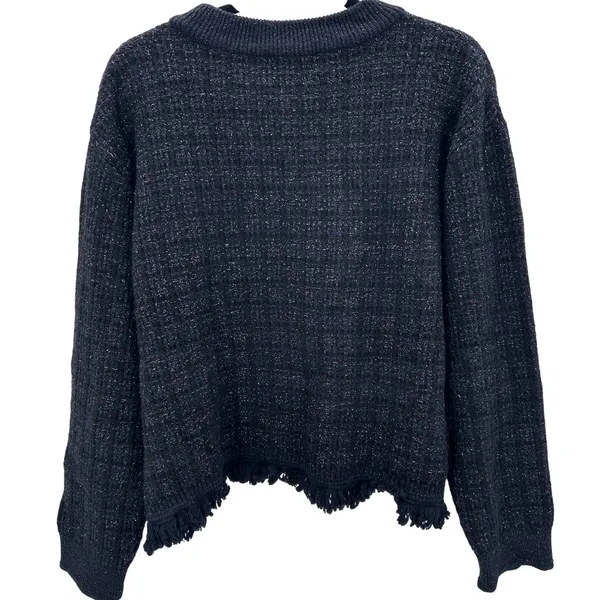 MNG Women Navy Blue‎ Metallic Tweed Knit Fringe Sweater Pullover Top Size Large - Image 3