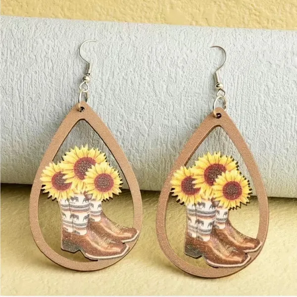 Western‎ Retro Personality Cowboy Boots Sunflower Earrings Wooden Water Drop - Image 8