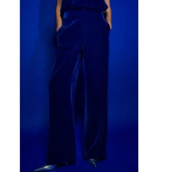 Zara Blue Velvet Velour High Waist Wide Flared Leg Crop Ankle Trousers Pants S - Image 11