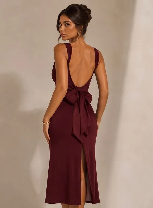 Oh Polly Midi sleeveless Bow detail Dress Burgundy Wine Size 4 - Image 2