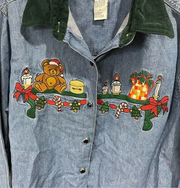 Vintage Denim BILLBLASS JEANS embroidered Teddy Christmas button down LG - Image 2