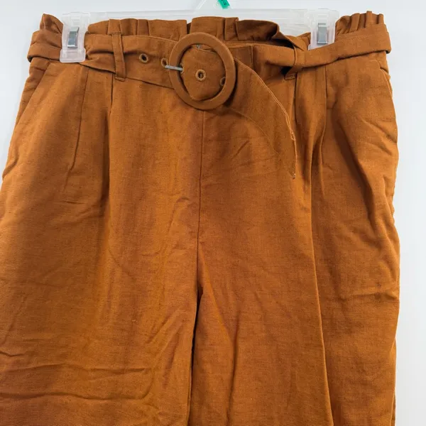 American Eagle Paperbag Pants Womens M Rust Linen Blend High Rise Belted - Image 2