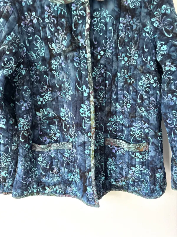 Blue Floral Quilted Reversible Button Front Jacket Vintage Inspired Grandmacore - Image 3
