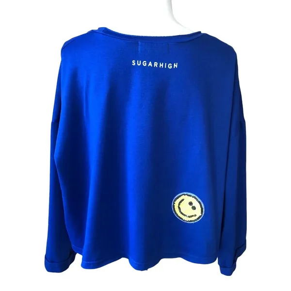 SugarHigh Clothing Blue crop sweatshirt with yellow smiley faces - Image 3