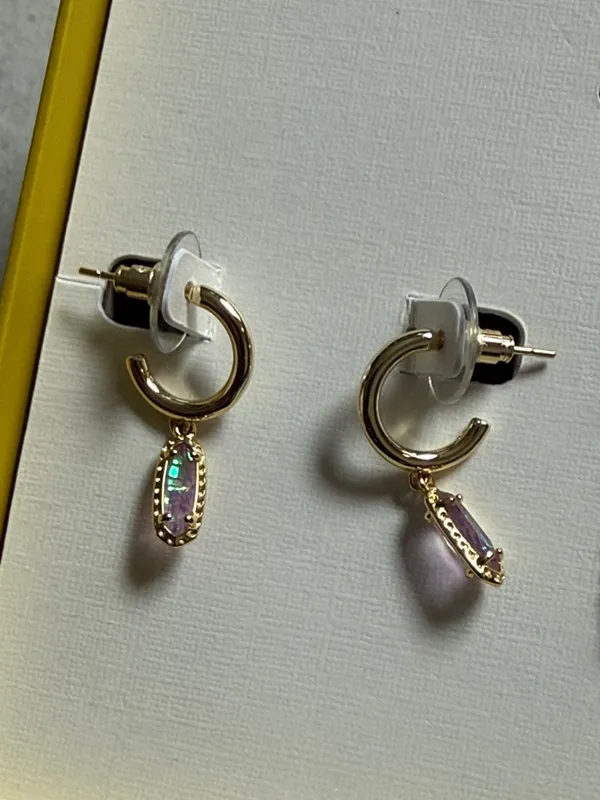 Kendra Scott Eva Pendant Gold Pink Opal Necklace Emma Huggie Earring Set New - Image 3