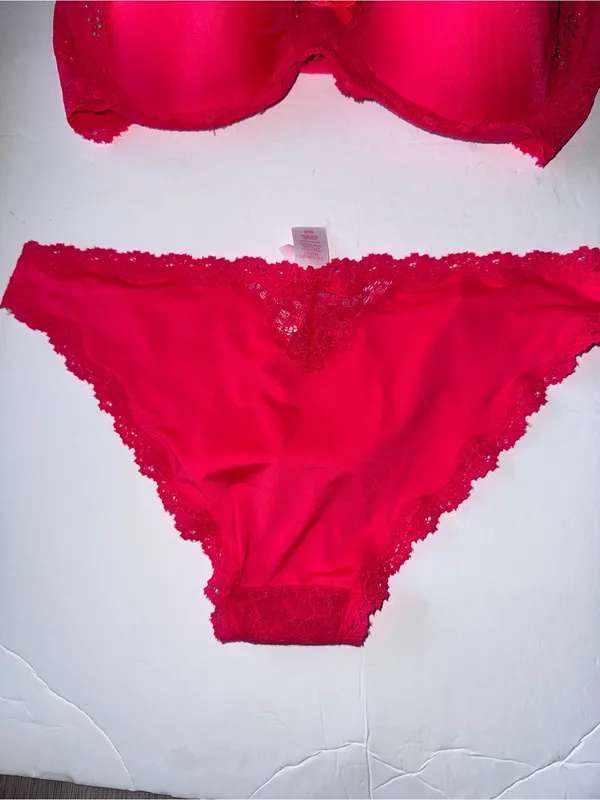 Victoria’s Secret Neon Coral Lace Push Up Bra 34DDD & Medium Panty NEW - Image 5