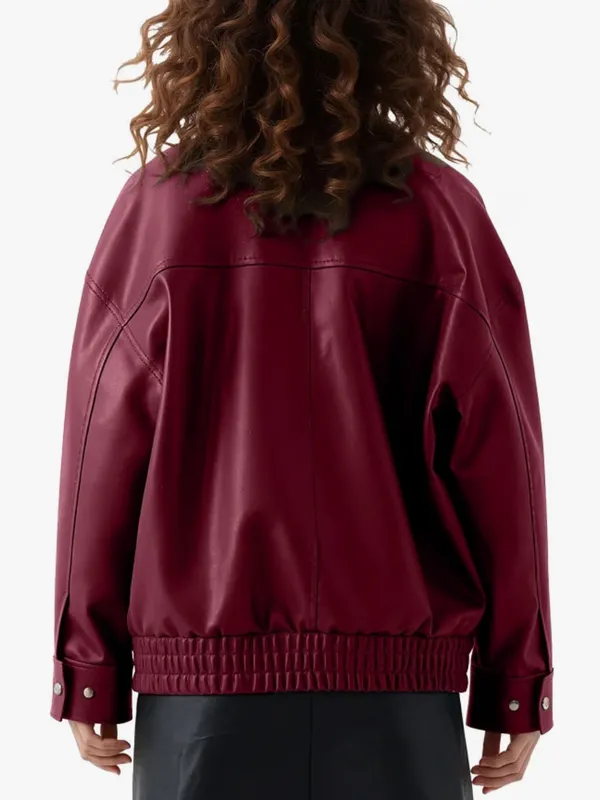 vanmolrs Oversize Leather Jacket Women Faux Motorcycle Coats Burgundy. Size M - Image 2