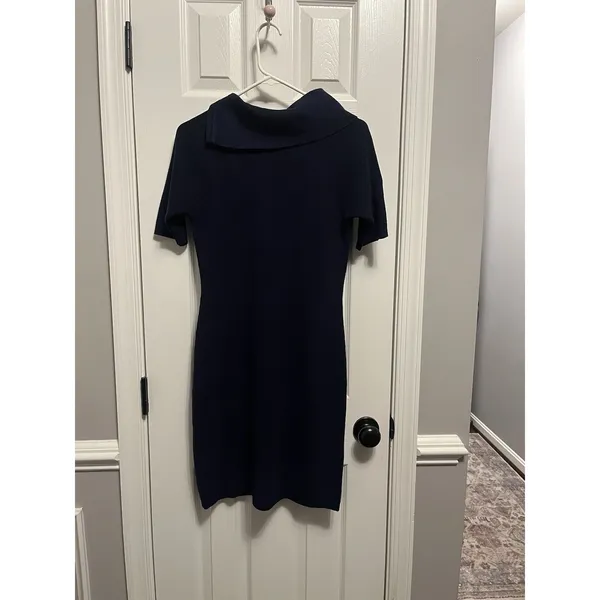 Calvin Klein Size Small‎ Blue Knit Sweater Dress Asymmetric Neck Zip Collar - Image 3