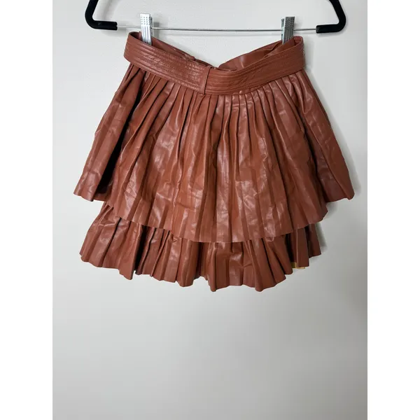 Vestique Camel Brown Vegan Faux Leather Belted Tiered Short Mini Skirt Small NWT - Image 3